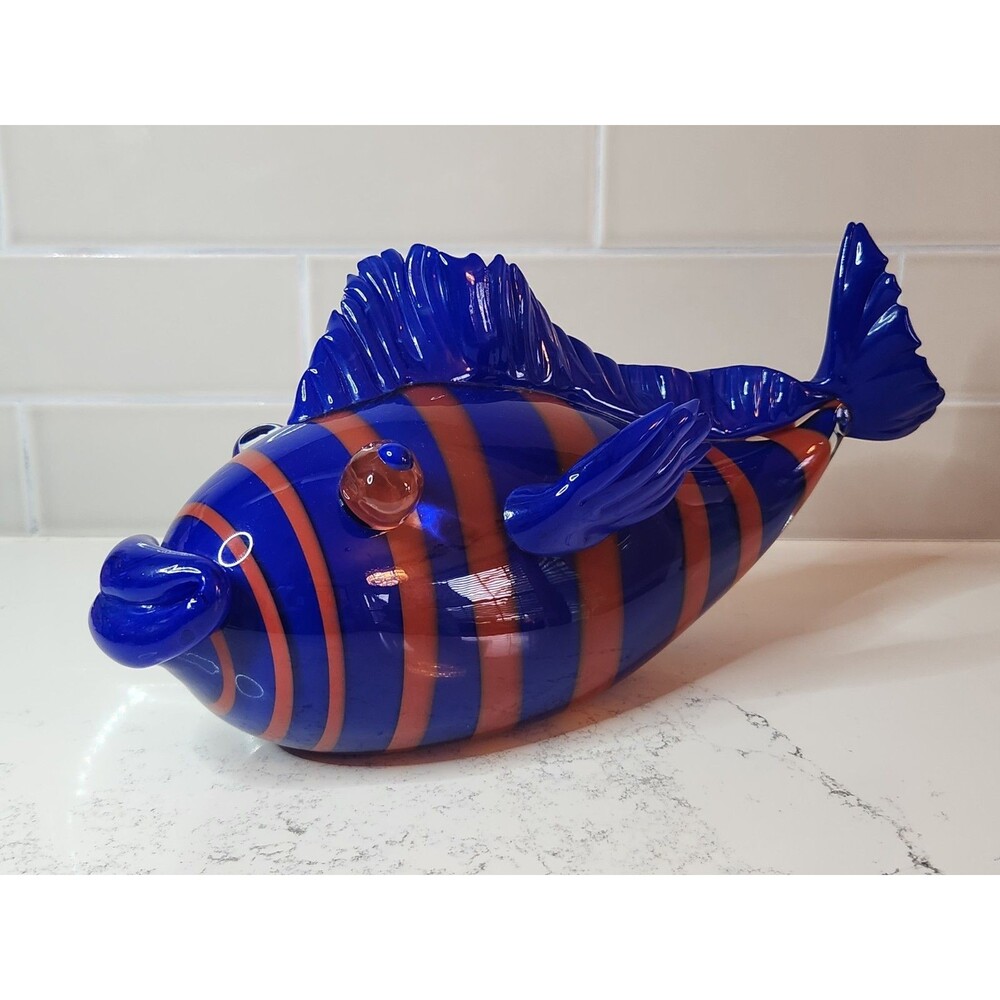 Erik Eiserling Fish Art Glass Hand Blown Sculpture Figurine Blue Orange Signed